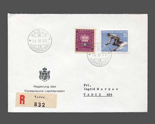 Mi.Nr. 336, 25 Rp. Skifahrer 1955 mit Er