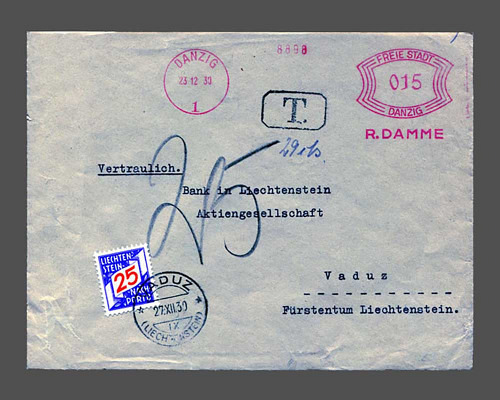 25 Rp. 1928, gestempelt Vaduz 27.XII.30