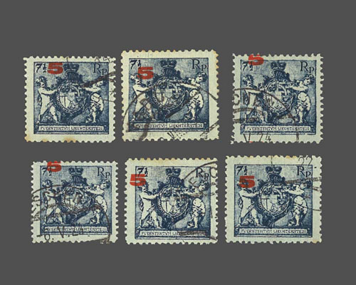 Mi.Nr. 61 B, 5 Rp. auf 7 1/2 Rp., sechs