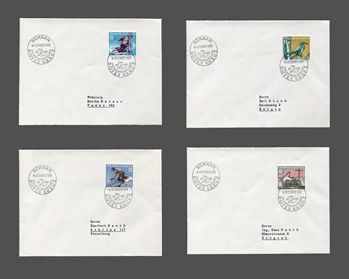 Sport 1955 auf 4 Briefen, alle mit Rot-K