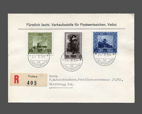 Gemälde - Überdruck 1954 auf r-Brief mit